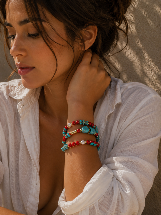 Bracelet Turquoise & Corail Rouge porté