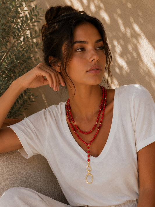 Collier Corail Rouge & Or porté