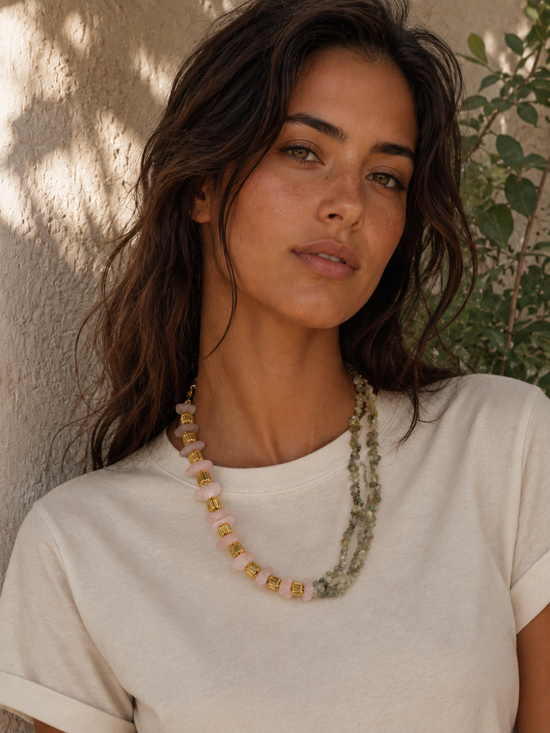 Collier Quartz Rose et Aventurine porté