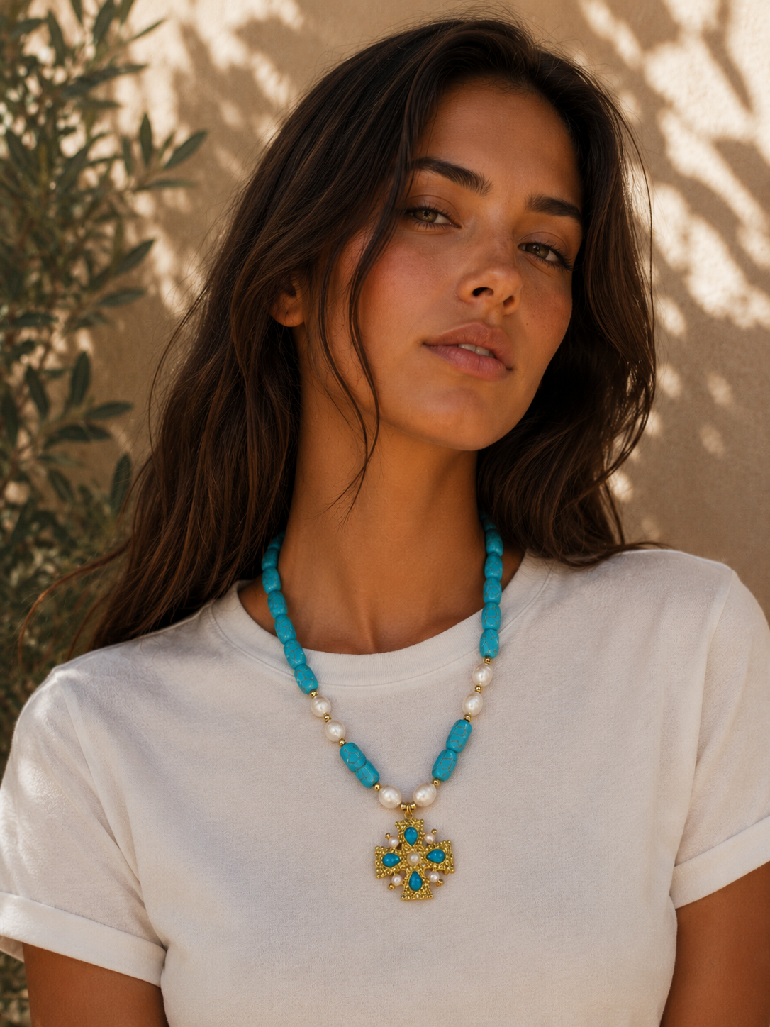 Collier Turquoise & Croix Perlée